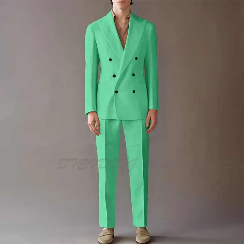 High End Suit For Men Cream Double Breasted Tuxedo Wedding Party Prom Beach Casual Business Suit two Piece Jacket Pant