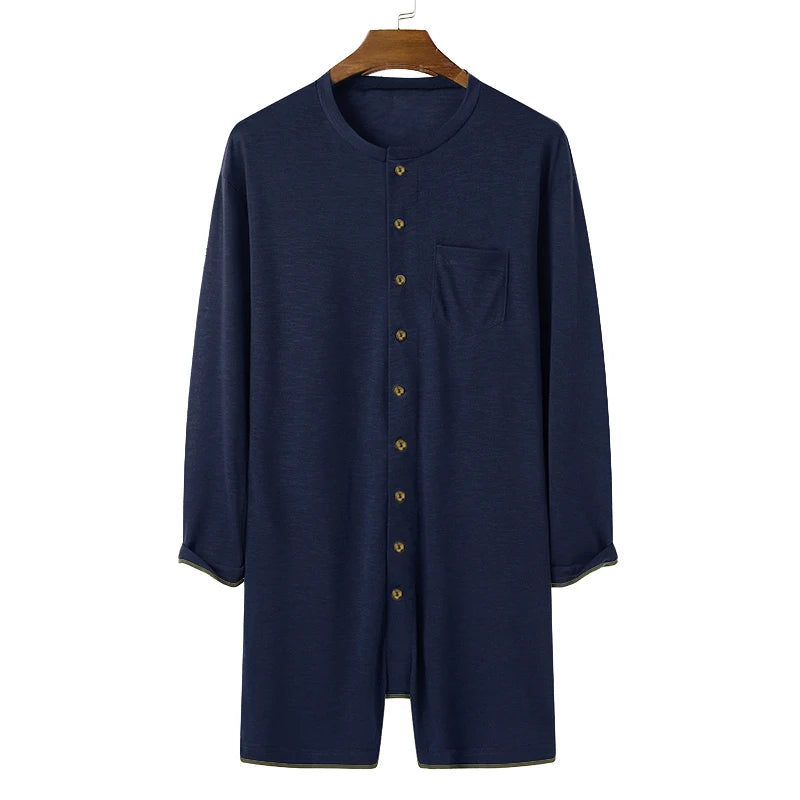New Men Sexy Pajamas Jumpsuit Solid Color Tight O Neck Long Sleeve T Shirt and Shorts One-piece Button-down Breathable Home Wear
