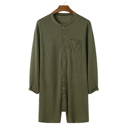 New Men Sexy Pajamas Jumpsuit Solid Color Tight O Neck Long Sleeve T Shirt and Shorts One-piece Button-down Breathable Home Wear