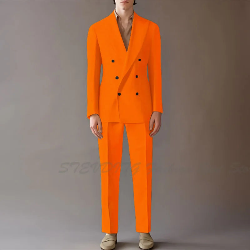High End Suit For Men Cream Double Breasted Tuxedo Wedding Party Prom Beach Casual Business Suit two Piece Jacket Pant