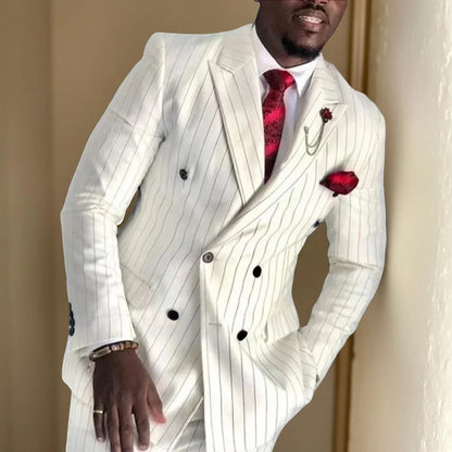 Striped Wedding Suits for Men Double Breasted Groom Tuxedo 2 Pieces Pinstripe Style Set Jacket with Pants Formal Customized Suit