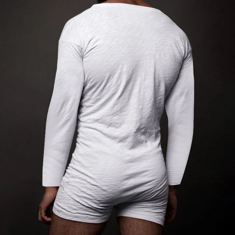 New Men Sexy Pajamas Jumpsuit Solid Color Tight O Neck Long Sleeve T Shirt and Shorts One-piece Button-down Breathable Home Wear