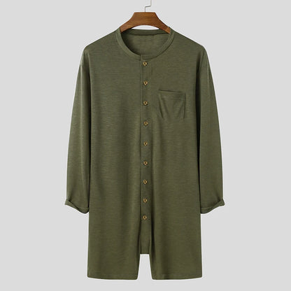 New Men Sexy Pajamas Jumpsuit Solid Color Tight O Neck Long Sleeve T Shirt and Shorts One-piece Button-down Breathable Home Wear