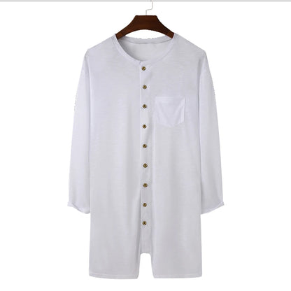 New Men Sexy Pajamas Jumpsuit Solid Color Tight O Neck Long Sleeve T Shirt and Shorts One-piece Button-down Breathable Home Wear