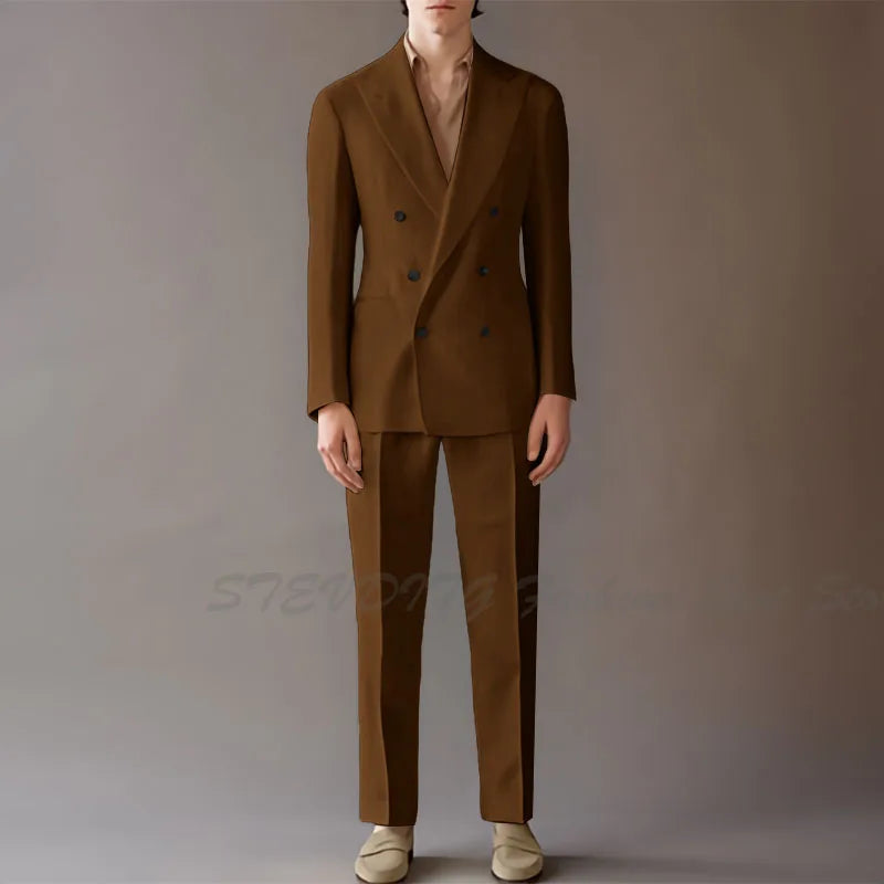 High End Suit For Men Cream Double Breasted Tuxedo Wedding Party Prom Beach Casual Business Suit two Piece Jacket Pant