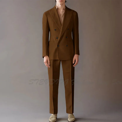 High End Suit For Men Cream Double Breasted Tuxedo Wedding Party Prom Beach Casual Business Suit two Piece Jacket Pant