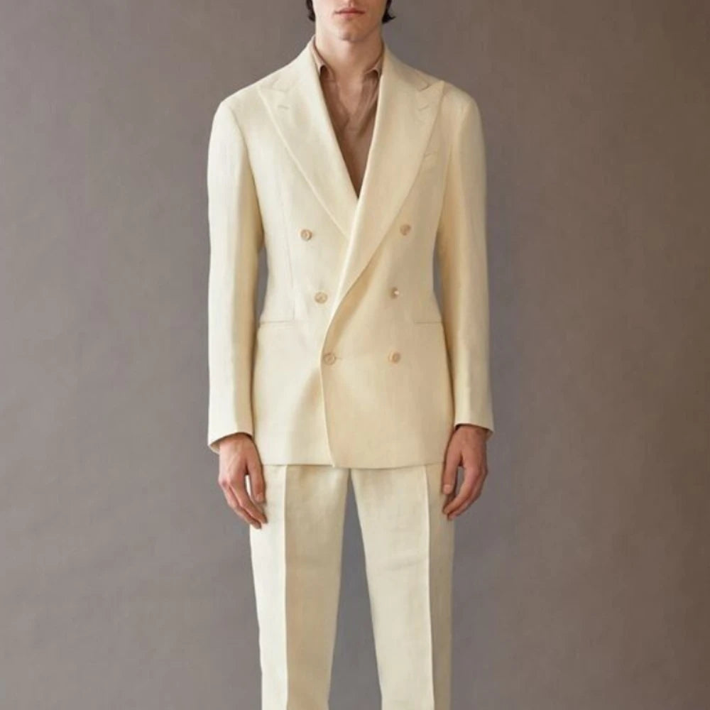 High End Suit For Men Cream Double Breasted Tuxedo Wedding Party Prom Beach Casual Business Suit two Piece Jacket Pant
