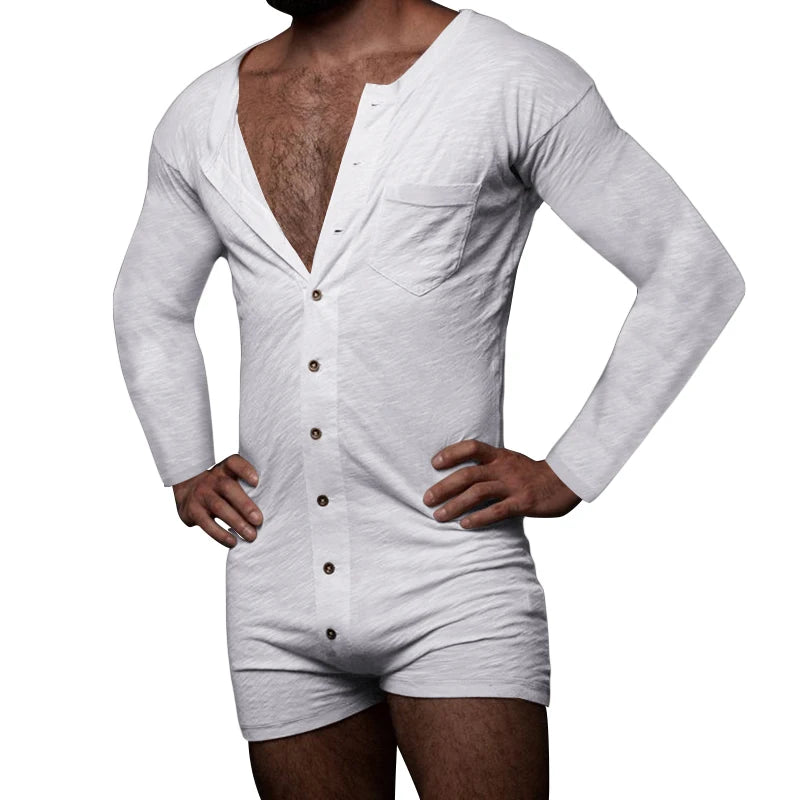 New Men Sexy Pajamas Jumpsuit Solid Color Tight O Neck Long Sleeve T Shirt and Shorts One-piece Button-down Breathable Home Wear
