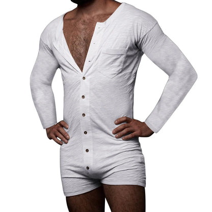New Men Sexy Pajamas Jumpsuit Solid Color Tight O Neck Long Sleeve T Shirt and Shorts One-piece Button-down Breathable Home Wear