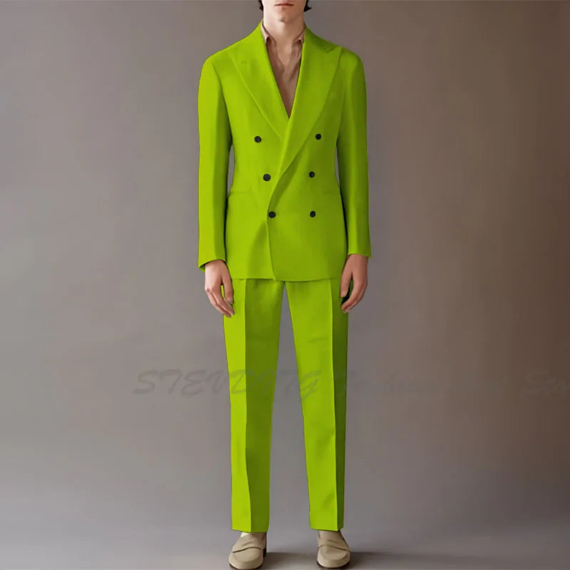 High End Suit For Men Cream Double Breasted Tuxedo Wedding Party Prom Beach Casual Business Suit two Piece Jacket Pant
