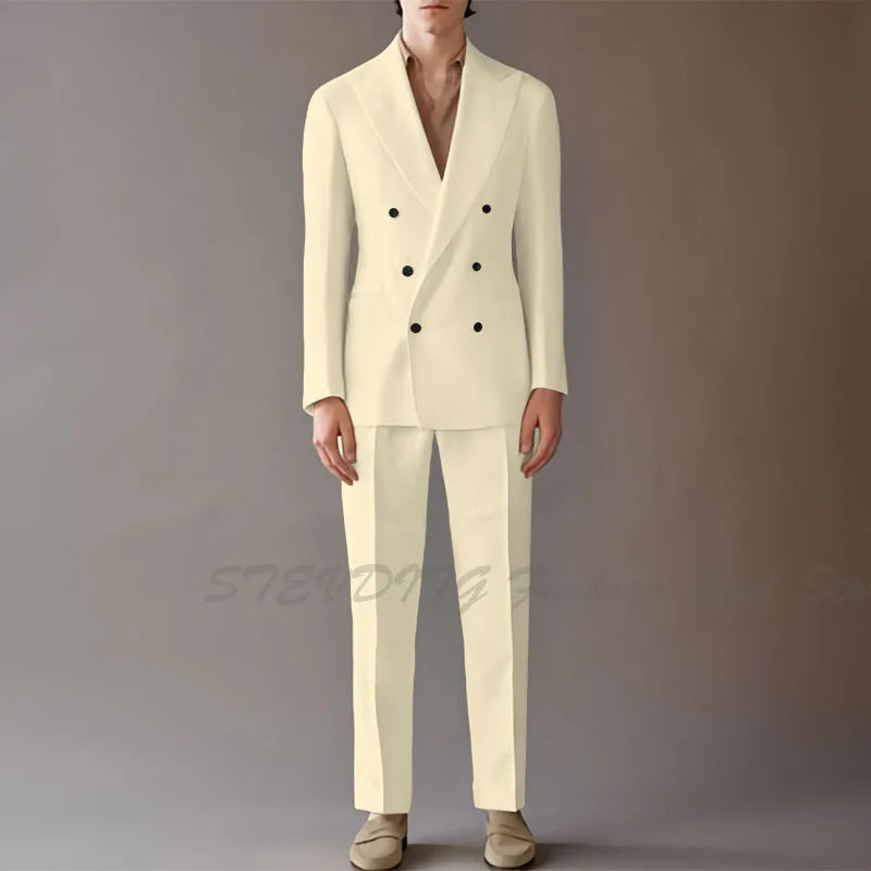High End Suit For Men Cream Double Breasted Tuxedo Wedding Party Prom Beach Casual Business Suit two Piece Jacket Pant