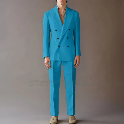 High End Suit For Men Cream Double Breasted Tuxedo Wedding Party Prom Beach Casual Business Suit two Piece Jacket Pant