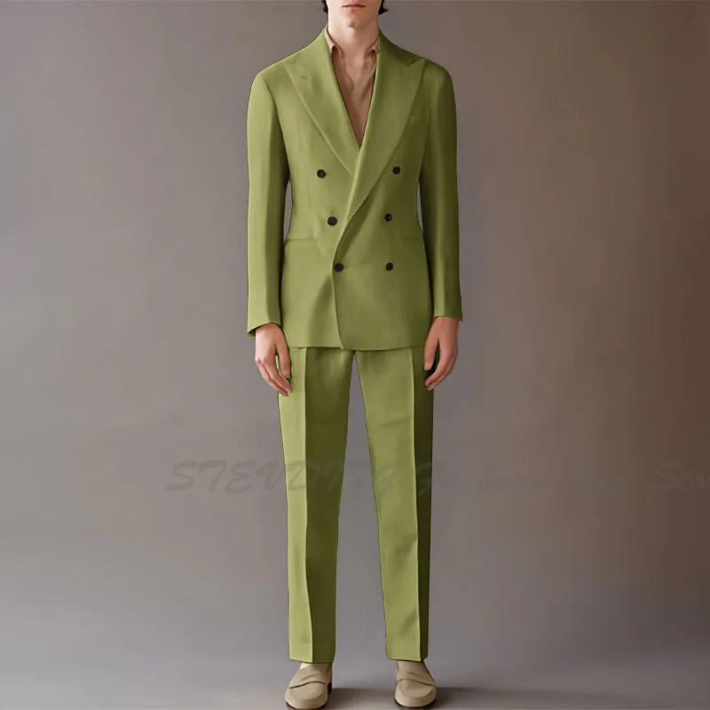 High End Suit For Men Cream Double Breasted Tuxedo Wedding Party Prom Beach Casual Business Suit two Piece Jacket Pant