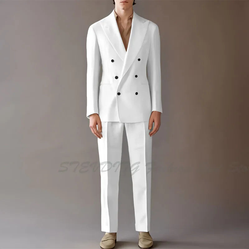 High End Suit For Men Cream Double Breasted Tuxedo Wedding Party Prom Beach Casual Business Suit two Piece Jacket Pant