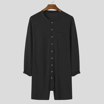 New Men Sexy Pajamas Jumpsuit Solid Color Tight O Neck Long Sleeve T Shirt and Shorts One-piece Button-down Breathable Home Wear