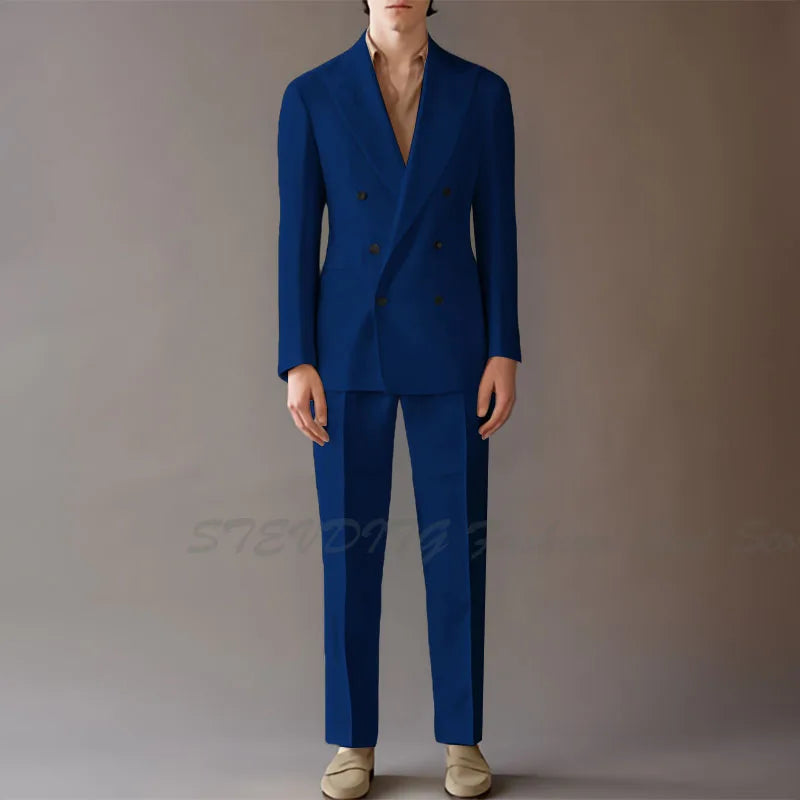 High End Suit For Men Cream Double Breasted Tuxedo Wedding Party Prom Beach Casual Business Suit two Piece Jacket Pant