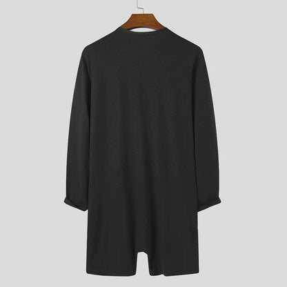 New Men Sexy Pajamas Jumpsuit Solid Color Tight O Neck Long Sleeve T Shirt and Shorts One-piece Button-down Breathable Home Wear