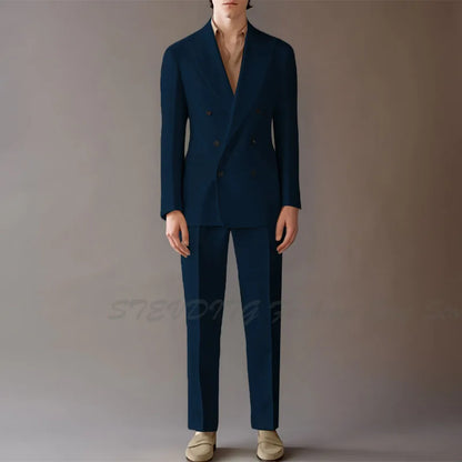 High End Suit For Men Cream Double Breasted Tuxedo Wedding Party Prom Beach Casual Business Suit two Piece Jacket Pant