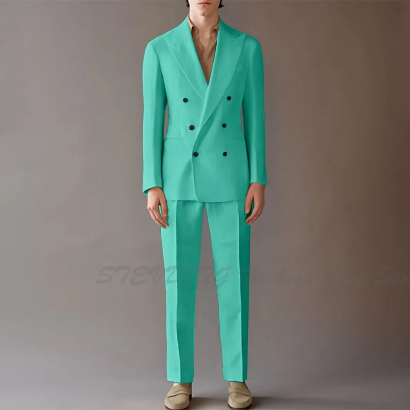 High End Suit For Men Cream Double Breasted Tuxedo Wedding Party Prom Beach Casual Business Suit two Piece Jacket Pant