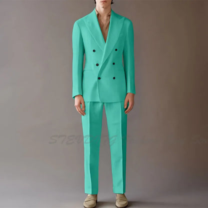 High End Suit For Men Cream Double Breasted Tuxedo Wedding Party Prom Beach Casual Business Suit two Piece Jacket Pant