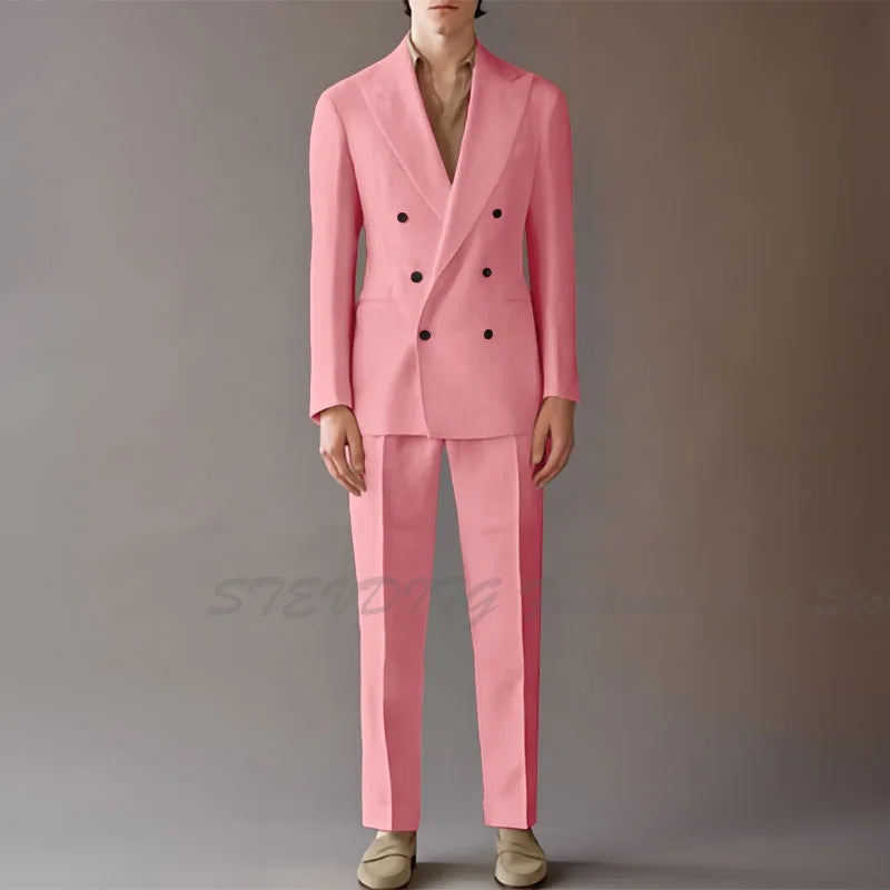 High End Suit For Men Cream Double Breasted Tuxedo Wedding Party Prom Beach Casual Business Suit two Piece Jacket Pant