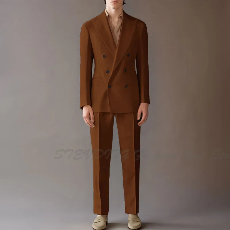 High End Suit For Men Cream Double Breasted Tuxedo Wedding Party Prom Beach Casual Business Suit two Piece Jacket Pant