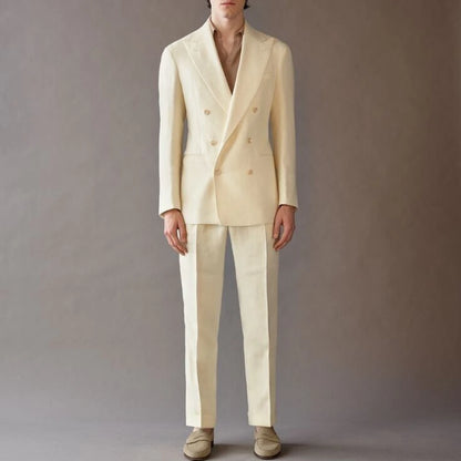 High End Suit For Men Cream Double Breasted Tuxedo Wedding Party Prom Beach Casual Business Suit two Piece Jacket Pant