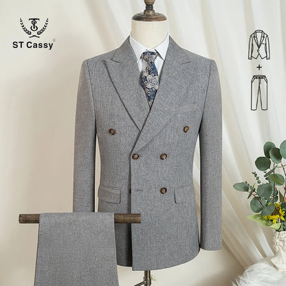 Elegant man suits high quality 2 piece set jacket + pants double-breasted party outfit groom's suit Wedding dinner business suit
