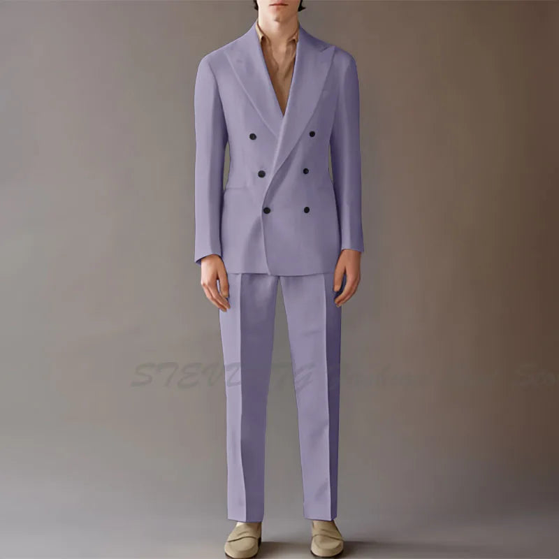 High End Suit For Men Cream Double Breasted Tuxedo Wedding Party Prom Beach Casual Business Suit two Piece Jacket Pant