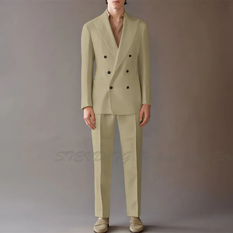 High End Suit For Men Cream Double Breasted Tuxedo Wedding Party Prom Beach Casual Business Suit two Piece Jacket Pant