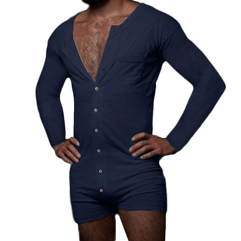 New Men Sexy Pajamas Jumpsuit Solid Color Tight O Neck Long Sleeve T Shirt and Shorts One-piece Button-down Breathable Home Wear