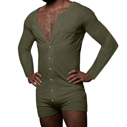New Men Sexy Pajamas Jumpsuit Solid Color Tight O Neck Long Sleeve T Shirt and Shorts One-piece Button-down Breathable Home Wear