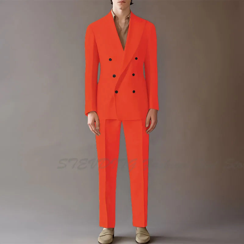 High End Suit For Men Cream Double Breasted Tuxedo Wedding Party Prom Beach Casual Business Suit two Piece Jacket Pant