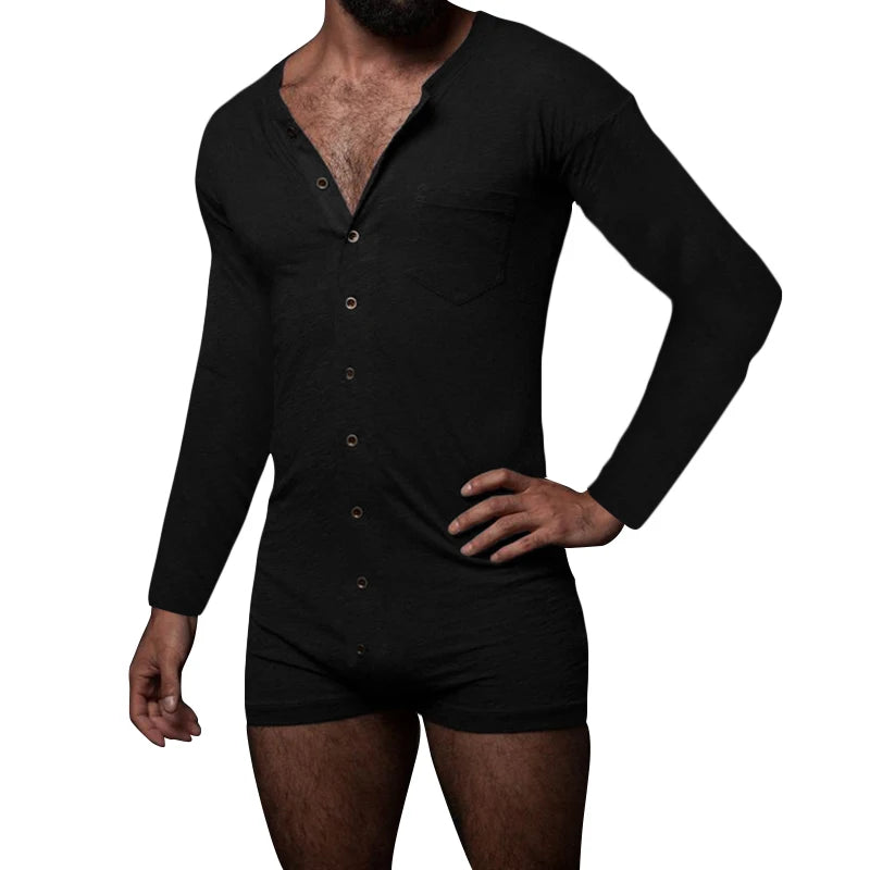 New Men Sexy Pajamas Jumpsuit Solid Color Tight O Neck Long Sleeve T Shirt and Shorts One-piece Button-down Breathable Home Wear