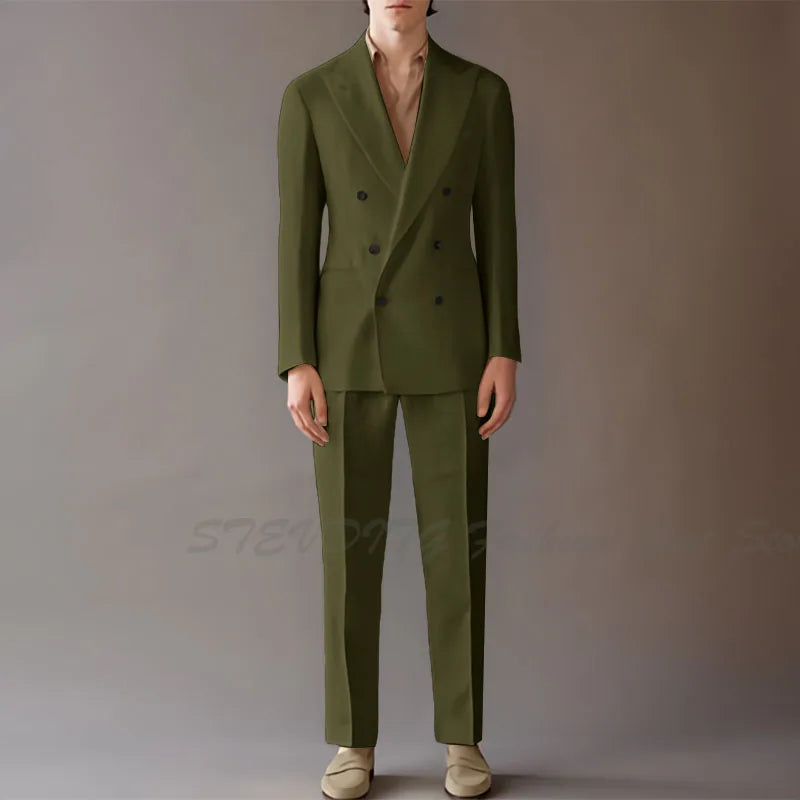 High End Suit For Men Cream Double Breasted Tuxedo Wedding Party Prom Beach Casual Business Suit two Piece Jacket Pant