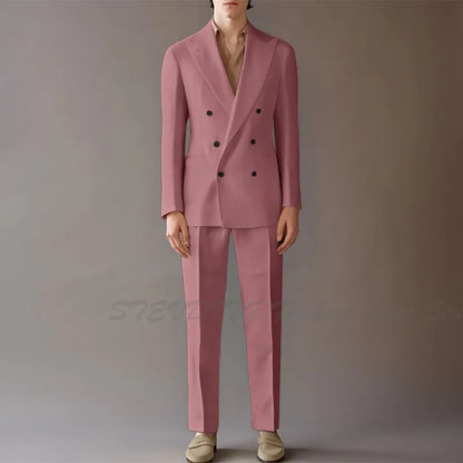 High End Suit For Men Cream Double Breasted Tuxedo Wedding Party Prom Beach Casual Business Suit two Piece Jacket Pant