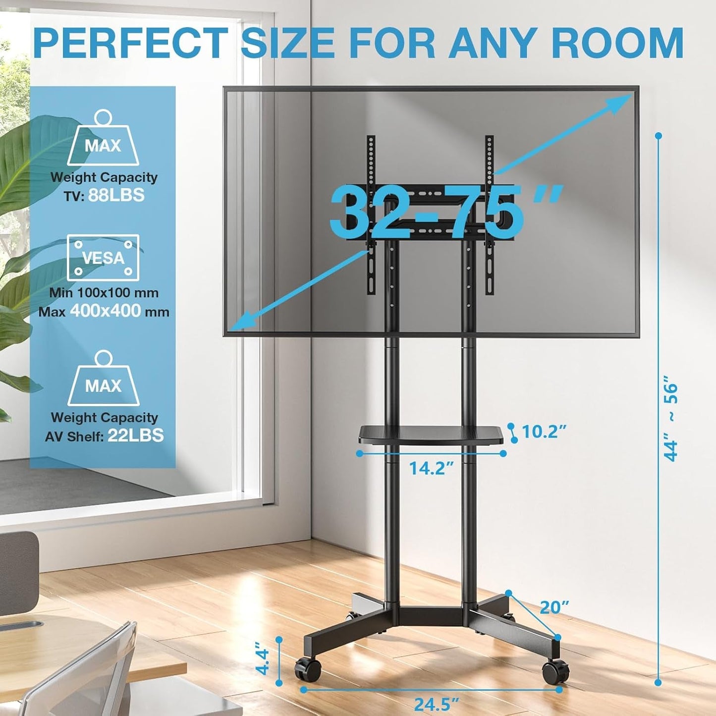 Rolling TV Stand 32-75 Inch With Height Adjustable Shelf